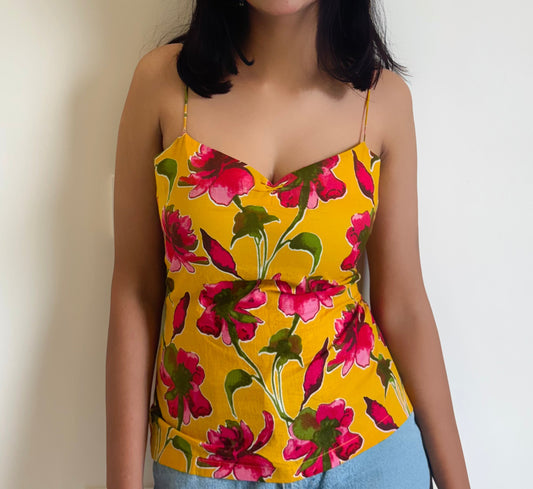 Vibrant Floral Yellow Spaghetti Top